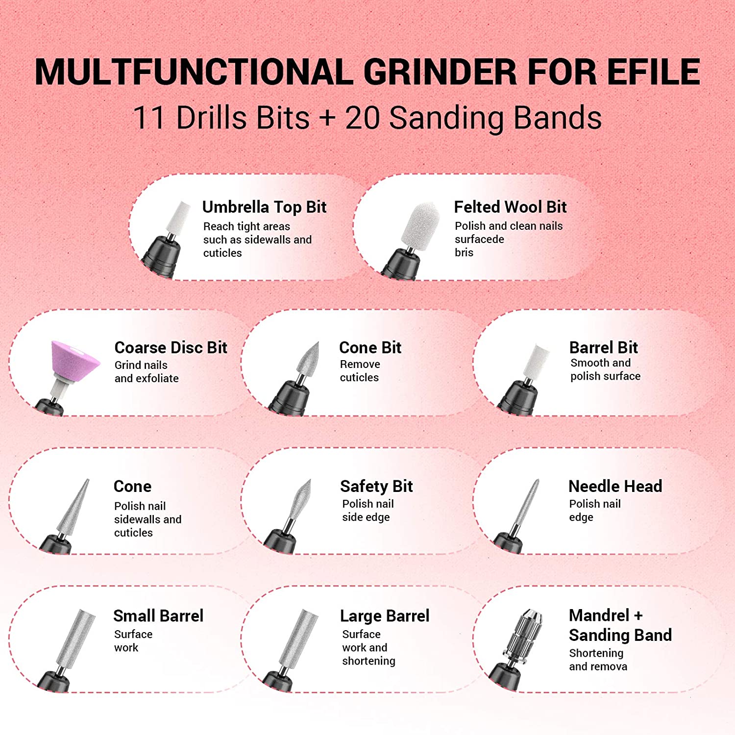 MelodySusie Electric Nail Drill Machine 11 in 1 Kit, Portable Electric Nail File Efile Set for Acrylic Gel Nails, Manicure Pedicure Tool with Nail Drill Bits Sanding Bands Dust Brush, Gold - Image 7